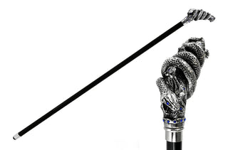 Silver plated snake sapphire crystal handle handmade Italian walking cane front view
