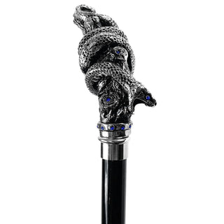 Silver plated snake sapphire crystal handle handmade Italian walking cane side view