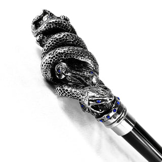 Silver plated snake sapphire crystal handle handmade Italian walking cane close-up