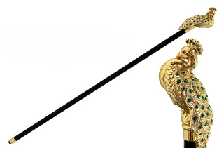 24K gold peacock handle emerald crystal Italian luxury walking stick front view