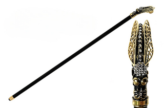 Gold plated dragonfly handle crystal accent Italian luxury walking stick front view