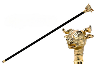 Bull handle 24K gold plated black lacquered shaft Italian walking cane front view