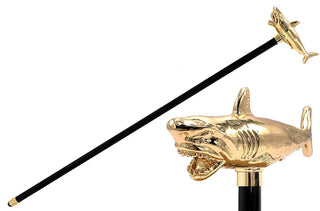 Shark 24K gold-plated handle rubber tip Italian luxury walking cane front view