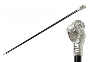 Silver plated ram handle black beechwood handcrafted Italian walking stick front view