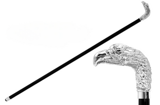 Silver plated hawk handle black lacquered Italian walking stick front view