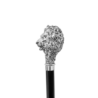 Silver plated lion handle black beechwood handcrafted Italian walking stick close-up