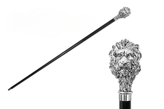 Silver plated lion handle black beechwood handcrafted Italian walking stick front view