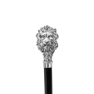 Silver plated lion handle black beechwood handcrafted Italian walking stick side view