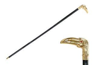 Toucan handle 24K gold plated brass black beechwood Italian luxury walking cane front view