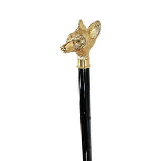 Fox handle 24K gold plated black beechwood handmade Italian walking stick handle detail