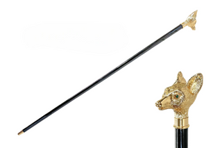 Fox handle 24K gold plated black beechwood handmade Italian walking stick front view
