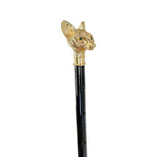 Fox handle 24K gold plated black beechwood handmade Italian walking stick side view