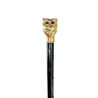 Owl handle purple stone gold tip Italian luxury walking stick side view