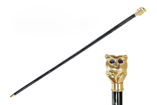 Owl handle purple stone gold tip Italian luxury walking stick front view