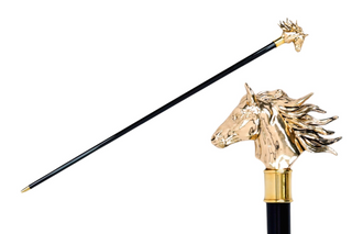 Gold plated horse handle beechwood handmade Italian walking stick front view
