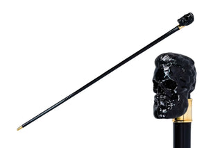 Black skull handle gothic gold-plated tip men's Italian luxury walking cane front view