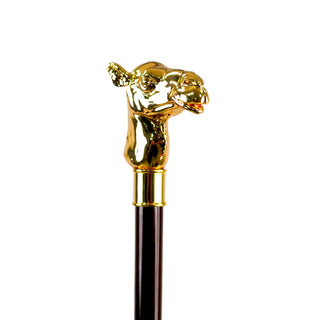 Camel handle brown beechwood 24K gold brass tip Italian luxury walking cane side view