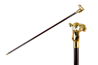 Camel handle brown beechwood 24K gold brass tip Italian luxury walking cane front view