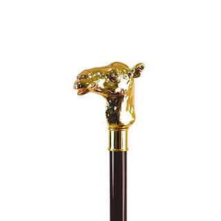 Camel handle brown beechwood 24K gold brass tip Italian luxury walking cane close-up