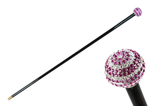 Silver plated spiral crystal handle black beechwood Italian luxury walking cane front view