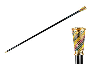 24K gold multicolor crystal handle Italian luxury walking cane front view