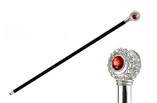 Silver-plated red rhinestone handle Italian handcrafted luxury walking stick front view