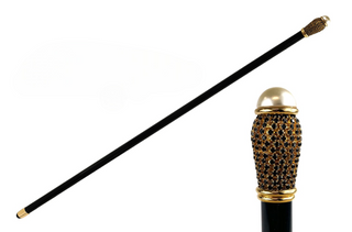 Pearl black rhinestone 24K gold knob designer Italian walking stick front view