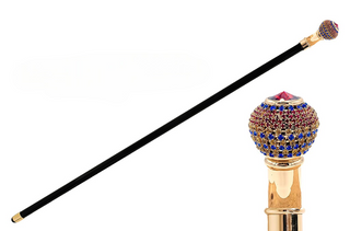 24K gold knob multicolor crystal Italian handcrafted luxury walking stick front view