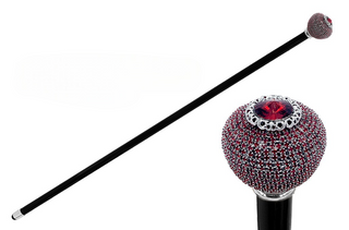 Swarovski crystal knob black lacquered rubber tip Italian luxury walking stick front view