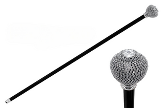 Crystal round knob black lacquered handcrafted Italian walking stick front view