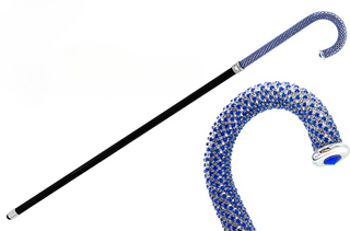 Silver plated sapphire crystal brass handle black lacquered Italian walking cane front view
