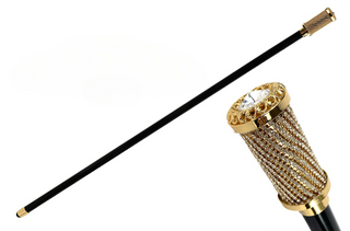 Swarovski embellished gold handle Italian handcrafted luxury walking stick front view