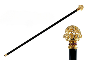 Crystal rhinestone gold plated knob handmade Italian walking stick front view