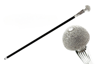 Silver plated crystal encrusted handle Italian evening walking stick front view