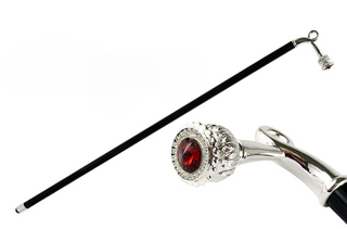 Silver plated red crystal accent handcrafted Italian walking stick front view