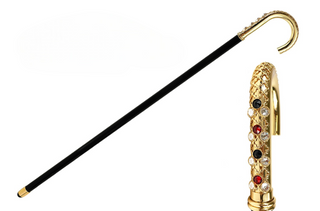 Gold plated filigree Swarovski handle handmade Italian walking stick front view