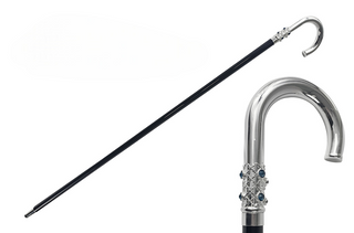 Blue crystal handle silver plated tip handcrafted Italian walking stick front view
