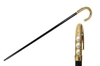 Gold plated pearl handle black beechwood men's Italian luxury walking cane front view