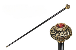 24K gold knob red crystal handmade Italian designer luxury walking stick front view