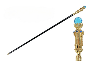 Gold plated aqua gemstone crystal handle handcrafted Italian walking cane front view