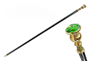 Emerald crystal gold plated black beechwood handcrafted Italian walking cane front view