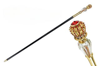 Red crystal black beechwood handmade Italian walking stick front view