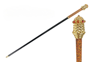24K gold-plated red crystal black beechwood royal Italian walking stick front view