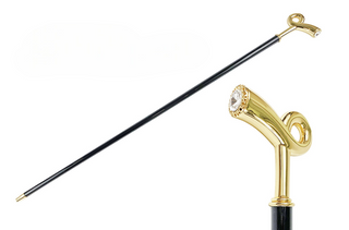 24K brass gold handle black beechwood handcrafted Italian walking stick front view