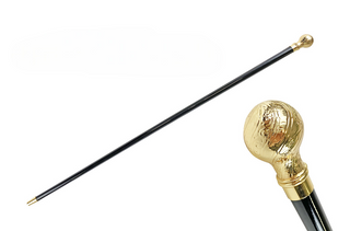 Gold plated 24K ceremonial knob handcrafted Italian walking stick front view