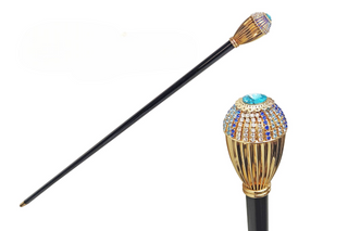 Multicolor crystal knob 24K gold tip handcrafted Italian walking stick front view