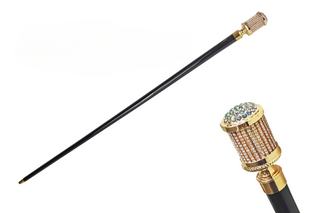 Crystal embellished gold-plated handle Italian artisan walking stick front view