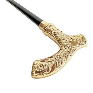 Gold plated hand-engraved 24K gold brass handle Italian walking stick handle detail