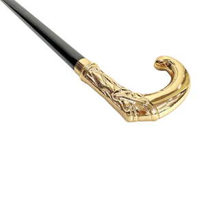 Gold-plated engraved handle handcrafted Italian luxury walking stick close-up
