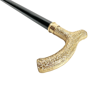 Gold plated 24K gold handle black beechwood handmade Italian walking stick handle detail